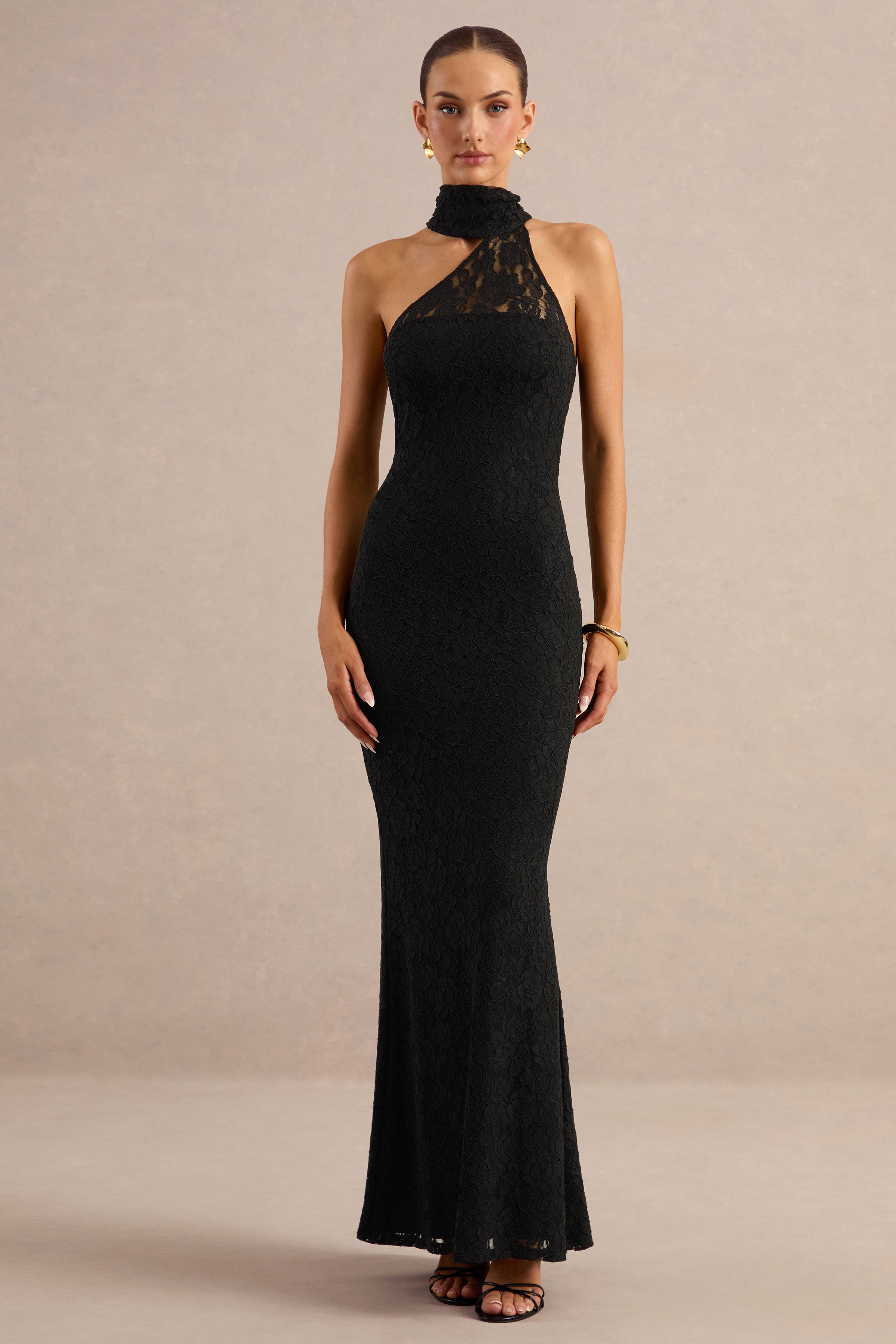 black lace dress with collar Almaria | Asymmetric-Neck Maxi Collar-Detail – Club L London Colour:Grey SHEIN LUNE Women's Casual Width Size:3E line silhouette adds soft