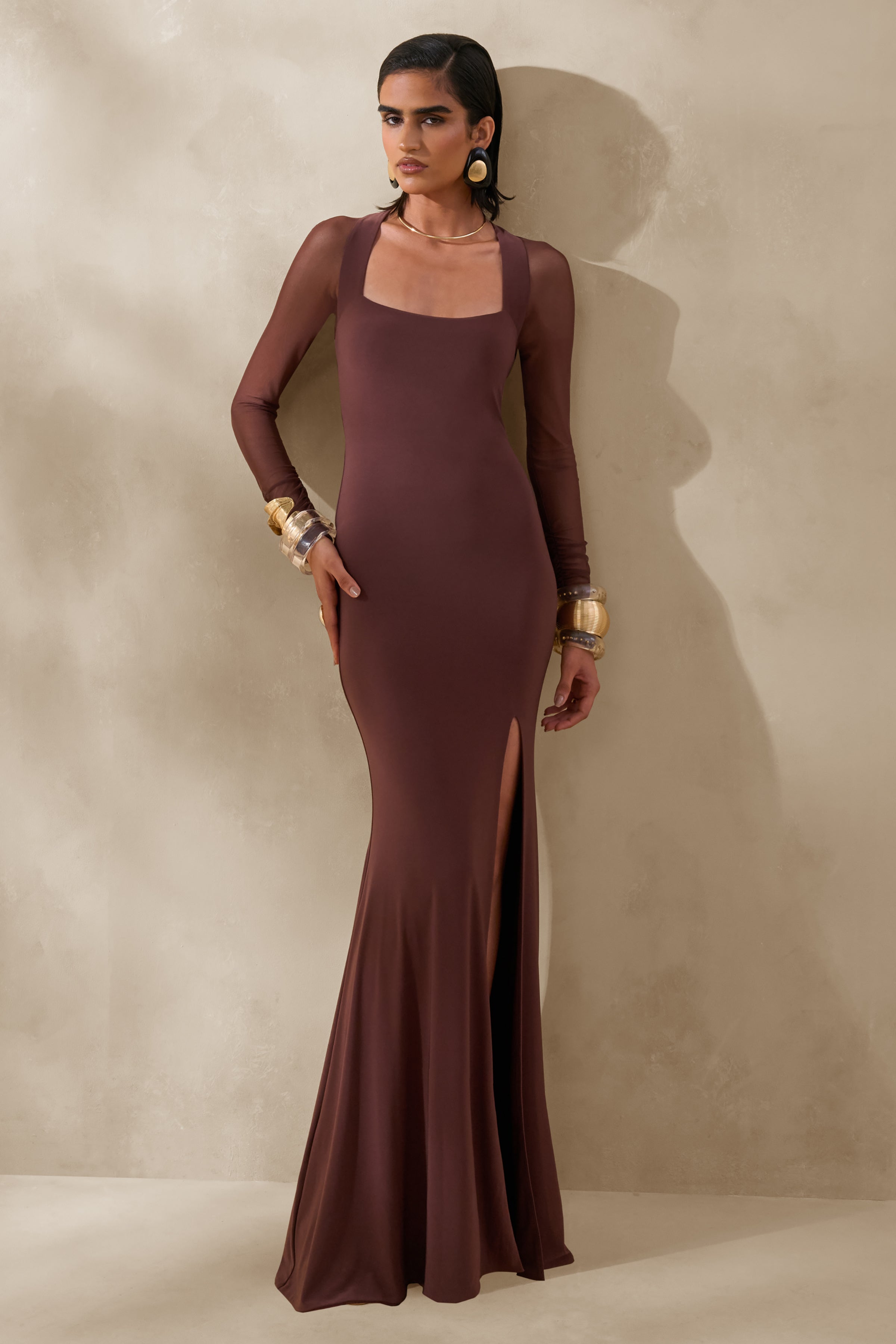 thirty thirty brown long sleeve dress Zapaka Women Brown Chiffon A-Line Long Sleeve Polka Dots Dress V-Neck Tea Length Party Dress, Brown / US12