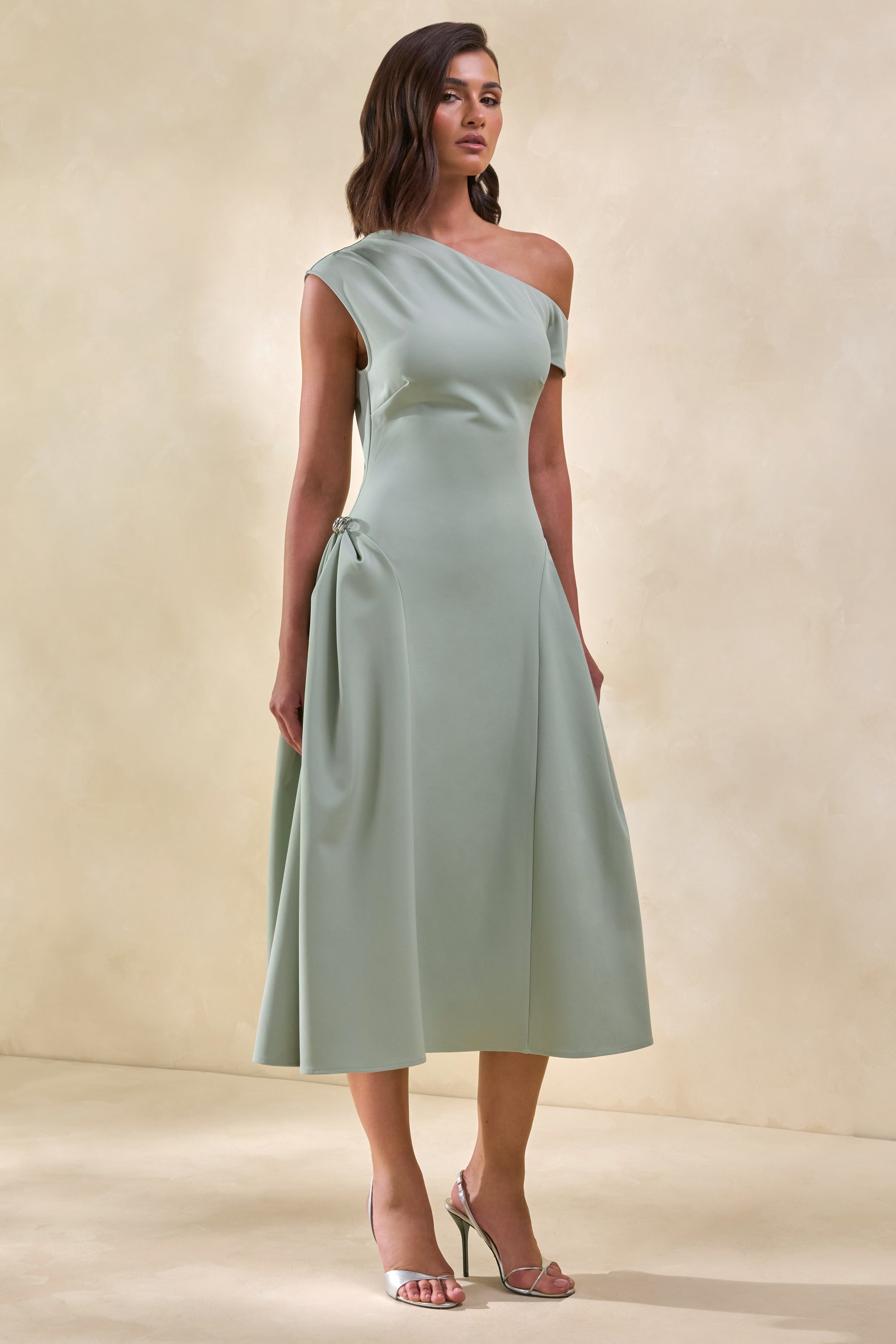hand embellished asymmetric midi dress in sage Celosia | Asymmetric-Neck With Silver Detailing – Club L London Size:UK8/US4 Enchanting and glamorous Throwback Thursday: A-Line Silhouette new-to-sale-us