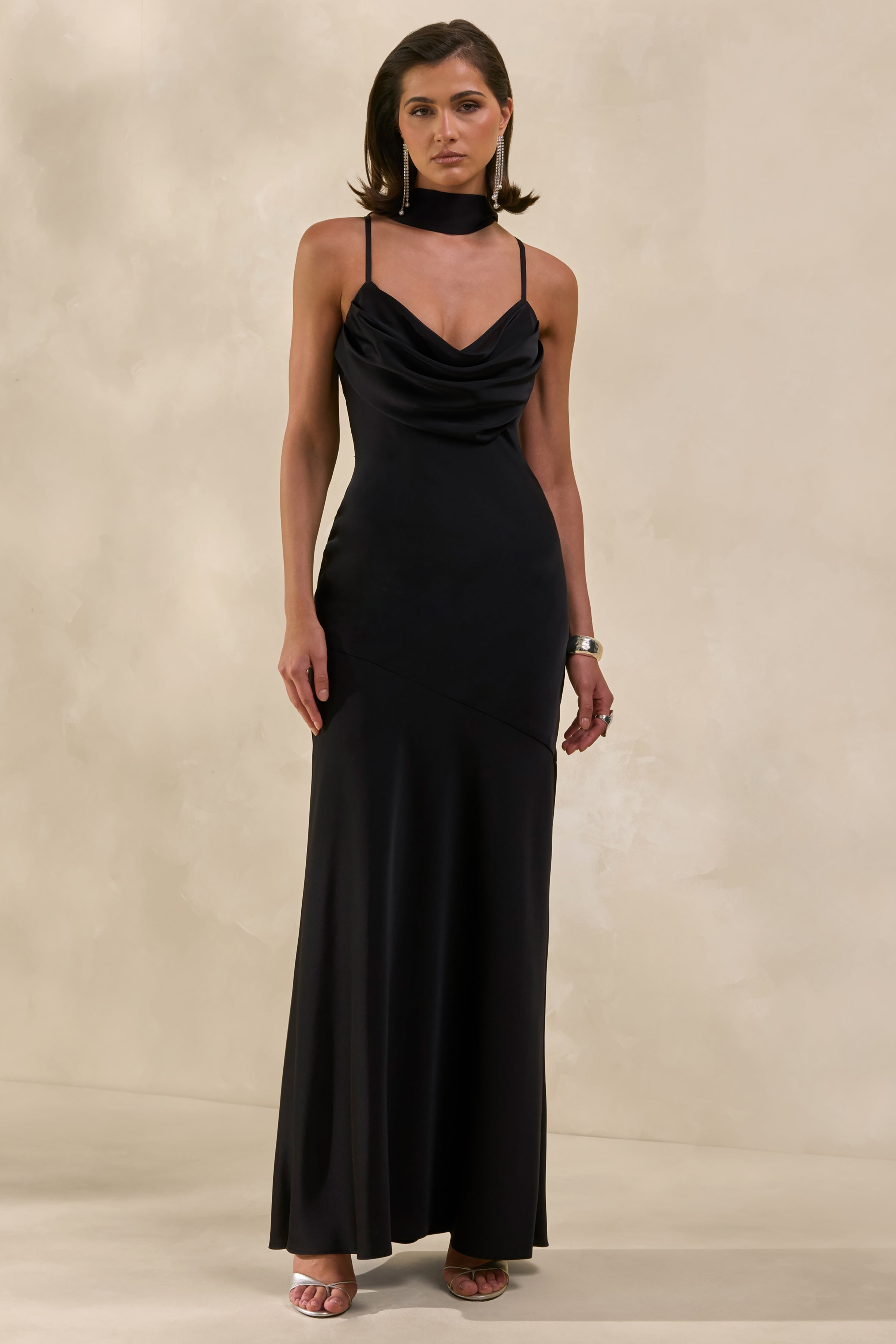Anarelle | Black Satin Cowl-Neck Maxi Dress – Club L London