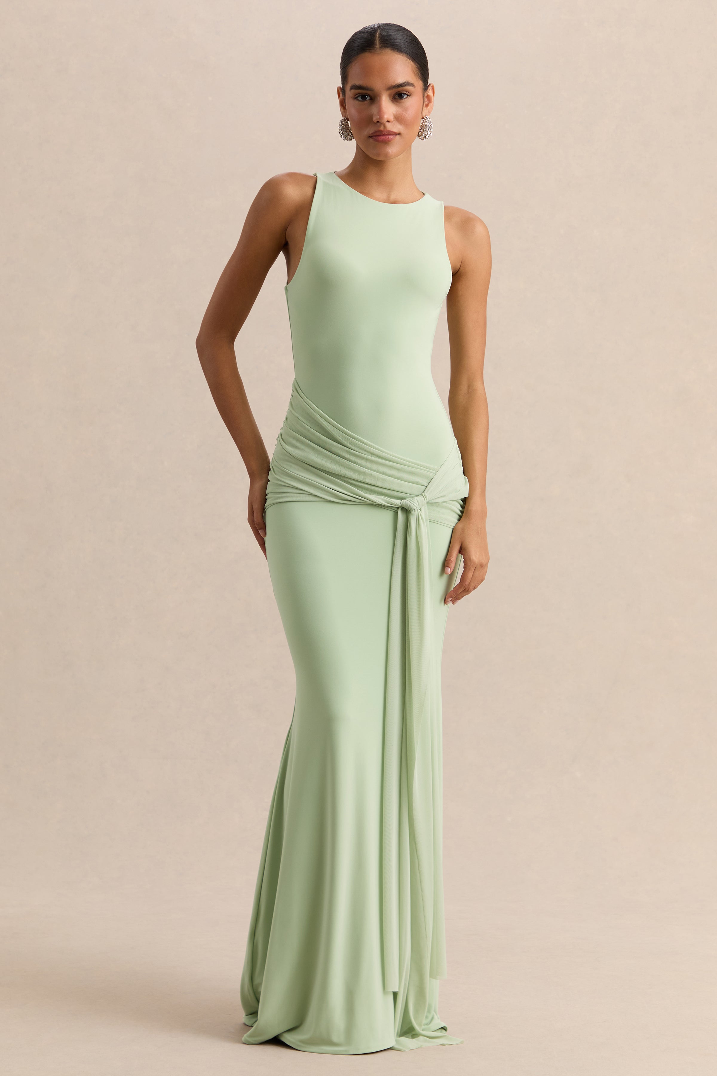Mirene | Mint Round-Neck Maxi-Dress With Gathered-Detailing And