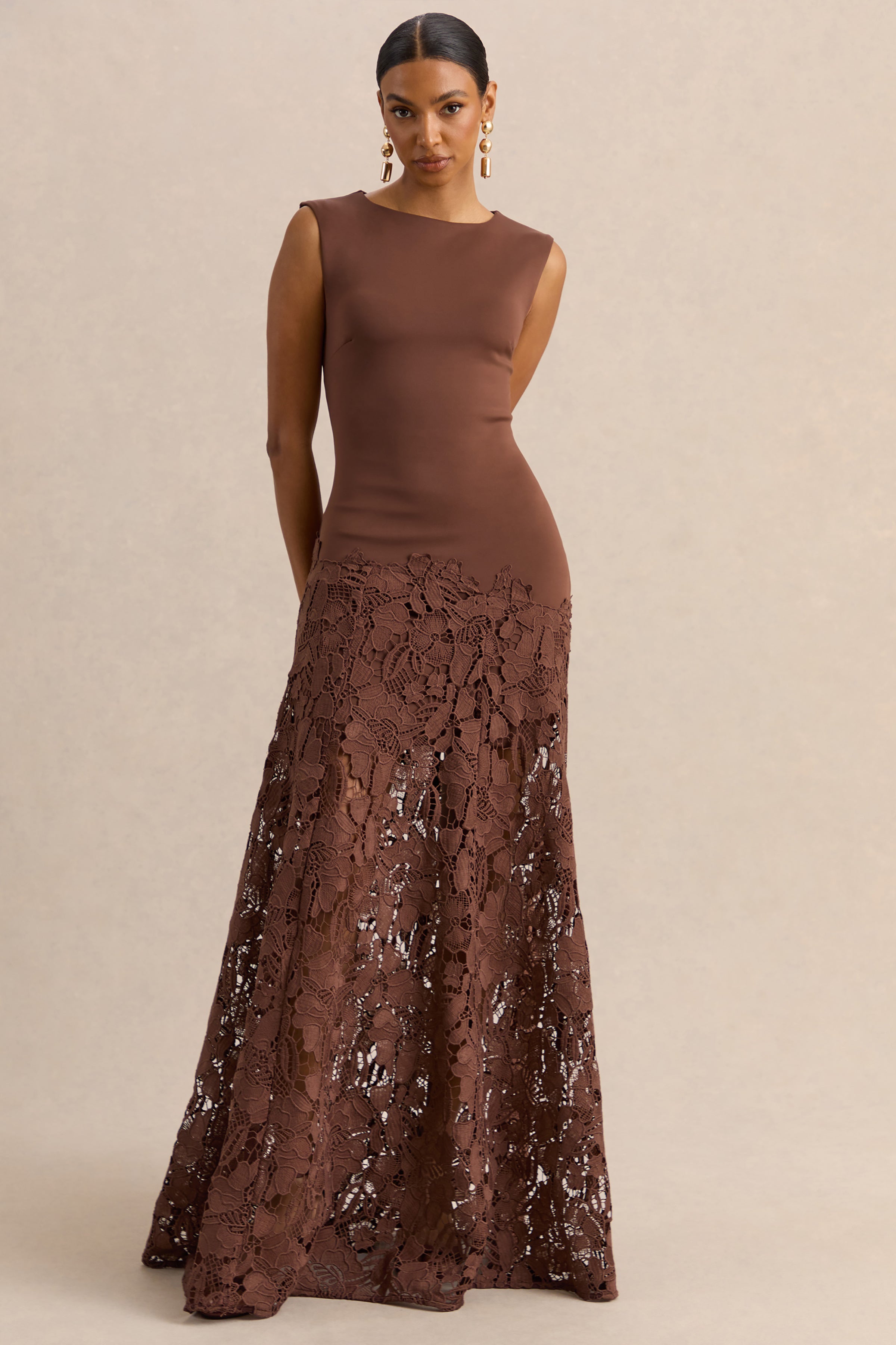 Calune | Brown Lace Wide-Neck Maxi Dress – Club L London - UK