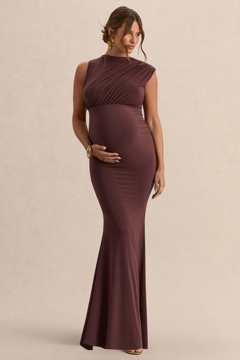 Osanna Dark Brown Wide-Neck Maternity Maxi Dress With Ruched Detaili