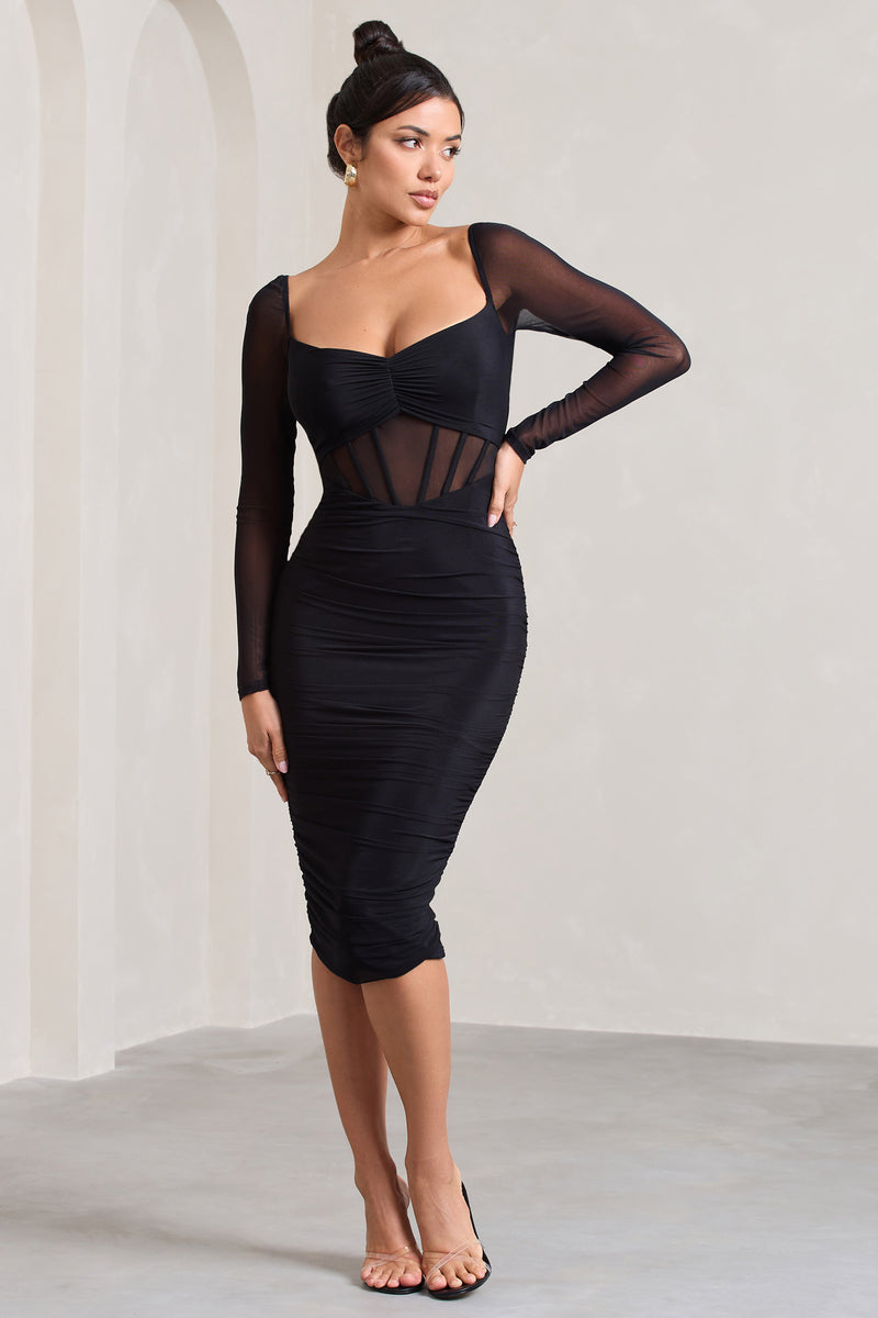 Abiba | Black Ruched Front Corset Midi Dress With Long Sleeves