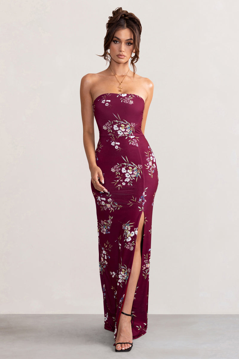 Camila | Burgundy Floral Print Strapless Maxi Dress With Thigh Split