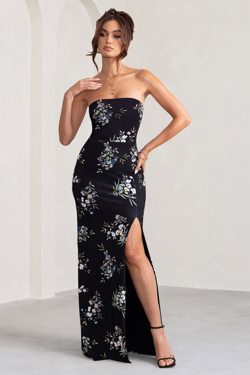 Camila | Black Floral Print Strapless Maxi Dress With Thigh Split