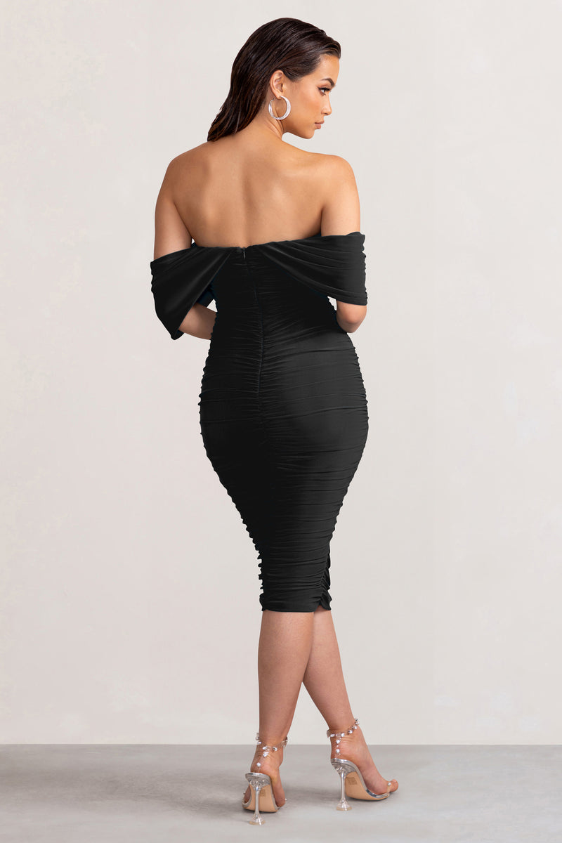 Plain long sleeve off store shoulder chic ruched midi dress