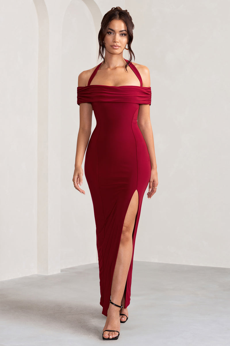 Anisa | Burgundy Halter Neck Bardot Maxi Dress With Thigh Split
