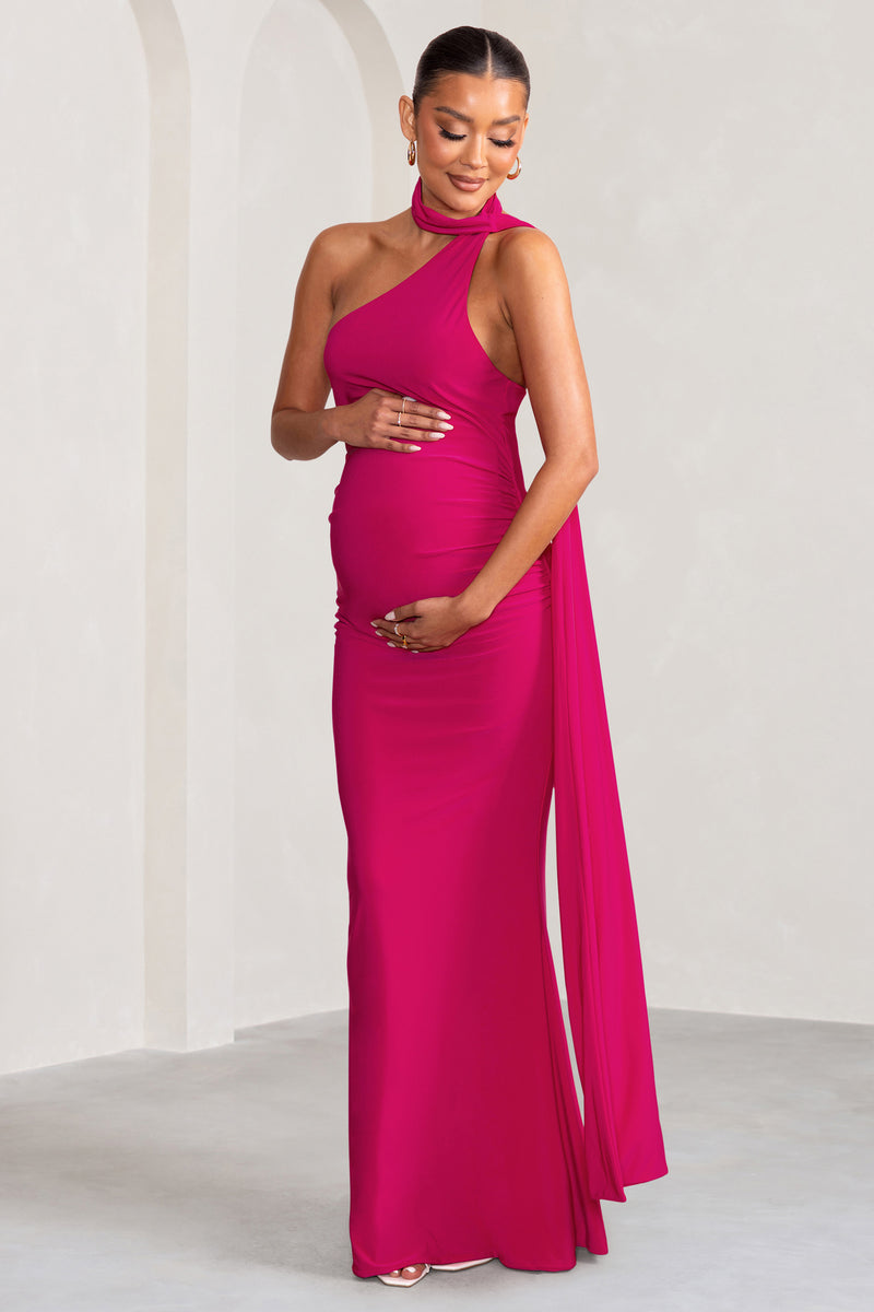 Amara | Blush Pink Asymmetric-Neck Maternity Maxi Dress With Sash Detail