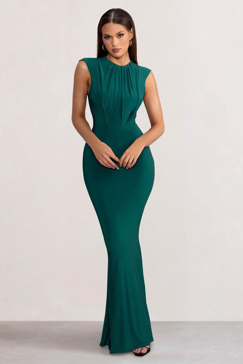 Phoenix Bottle Green Sleeveless Maxi Dress with Hood Club L London UK