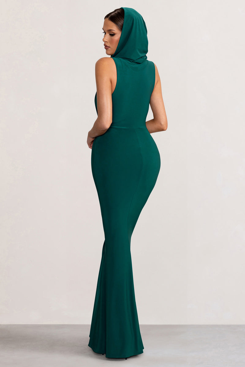 Phoenix Bottle Green Sleeveless Maxi Dress with Hood Club L London UK