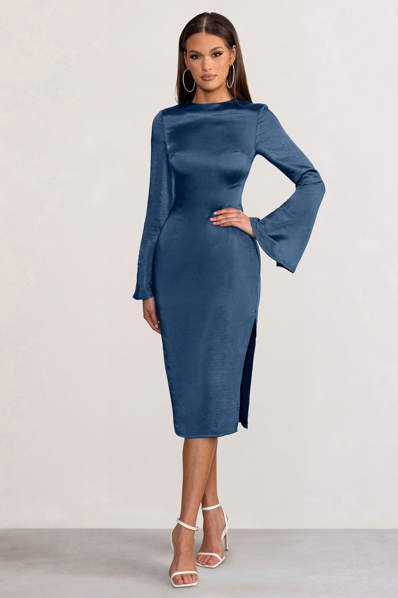 Laura | Navy Satin Long-Sleeve Midi Dress