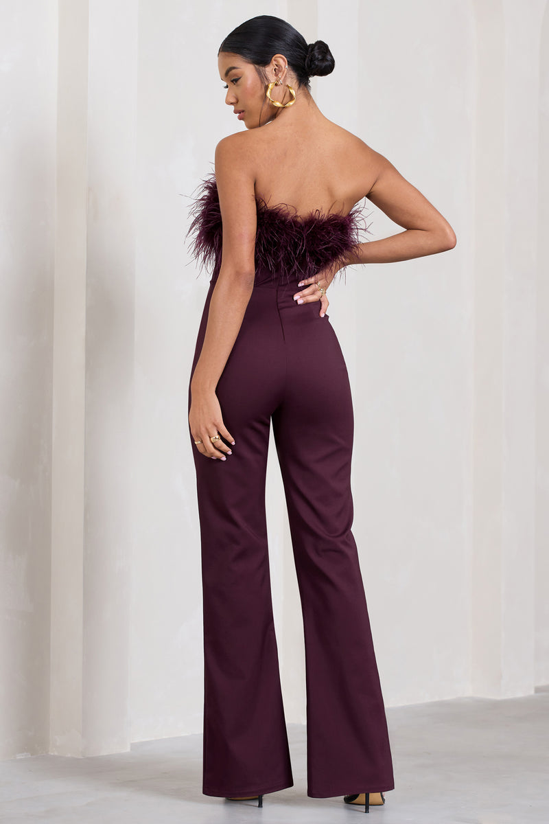 Tessa | Burgundy Shaped Neckline Corset Jumpsuit With Feather Trim Detail