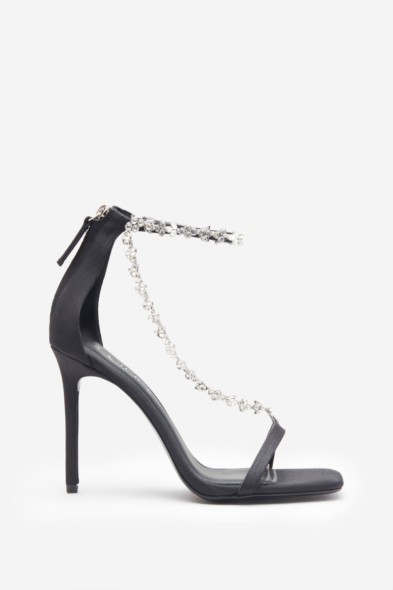 Oh Please | Black Strappy Heeled Sandals With Diamante Chains