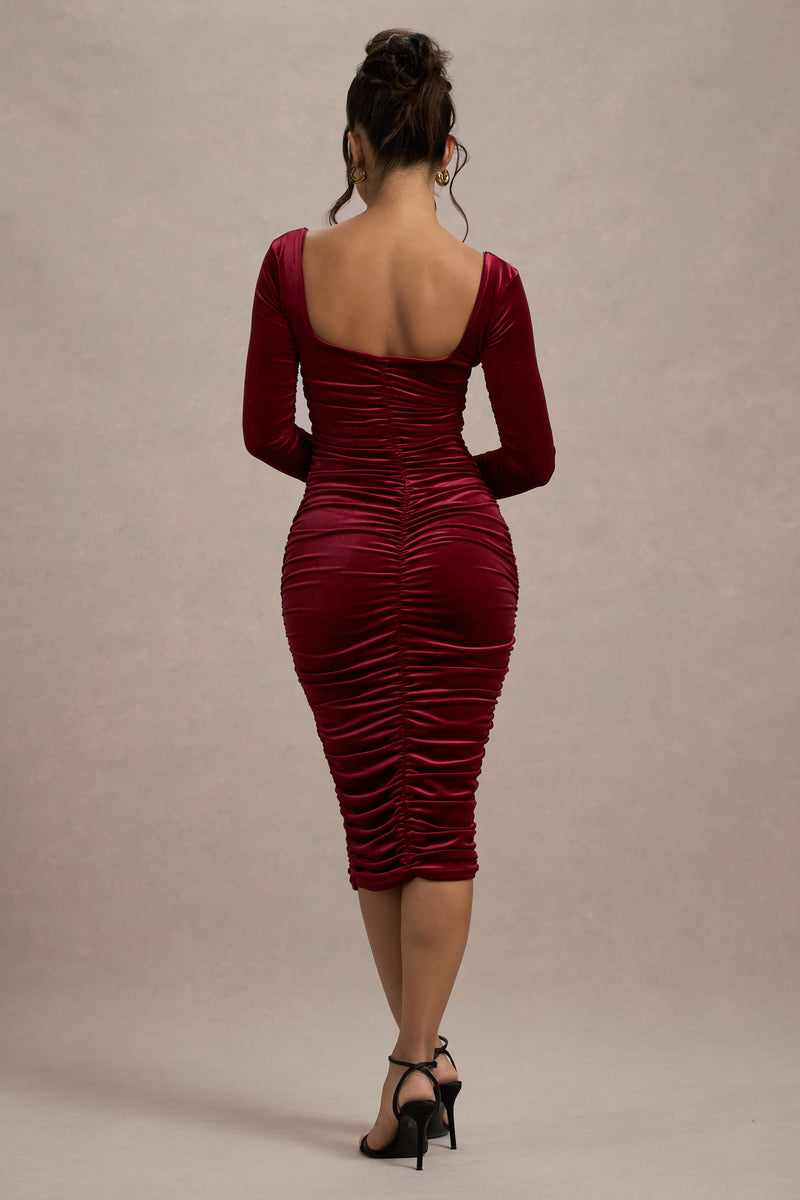 Seductress Berry Velvet Square Neck Bodycon Midi Dress With Long Sle Club L London Uk 5533