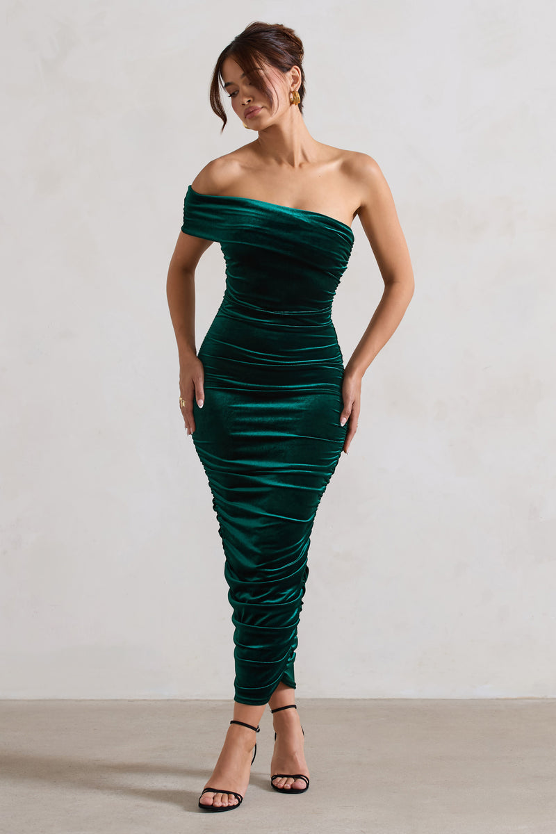 Remember Me Bottle Green Velvet One Shoulder Midi Dress – Club L 