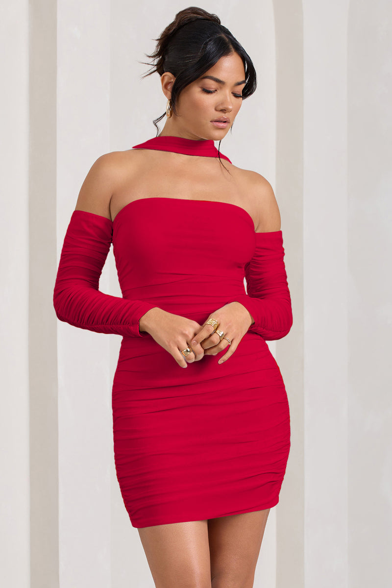 Thea | Red Ruched Long-Sleeved Bodycon Mini Dress With Halter Collar