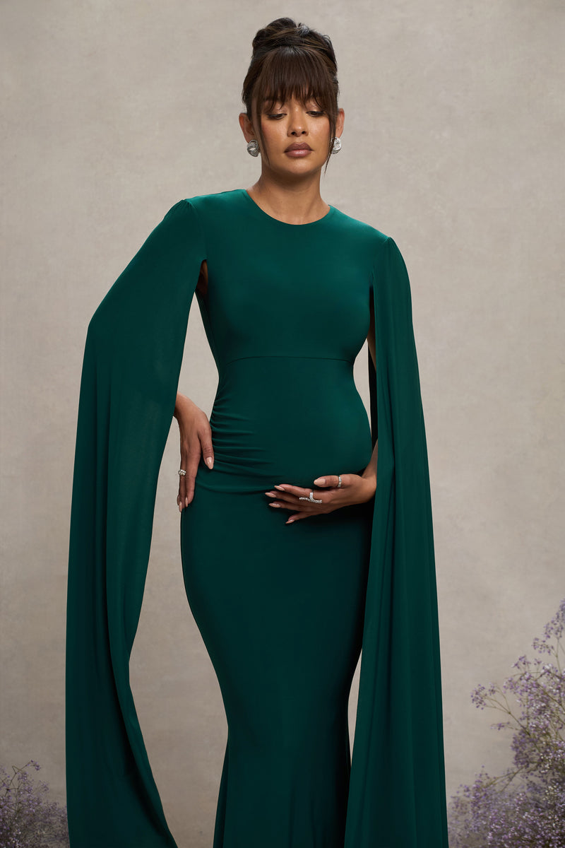 Divine Timing Bottle Green Maternity Maxi Dress With Cape Sleeves – Club L  London