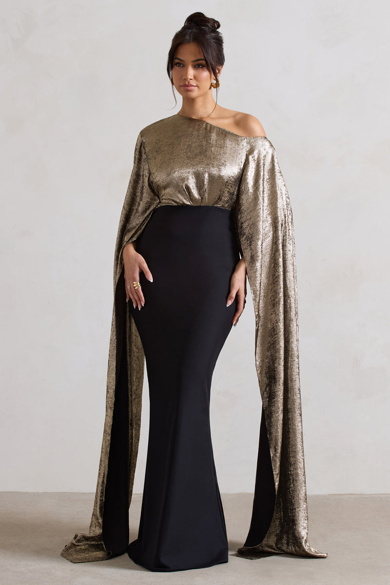 Alura Black & Gold Metallic One Shoulder Cape Maxi Dress – Club L 