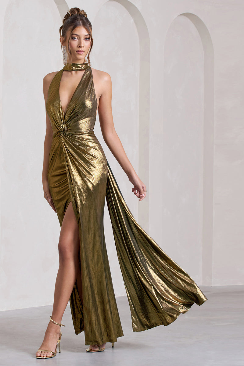 Rare London Vicki Metallic Maxi Dress in Gold