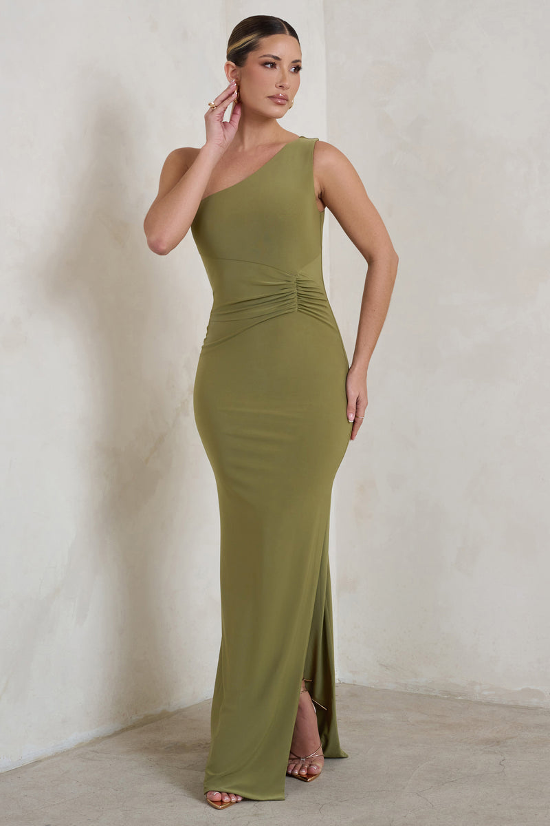 Kary | Olive Green One Shoulder Thigh Split Maxi Dress