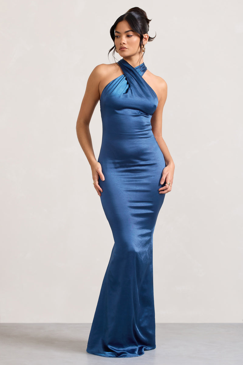 Unstoppable Navy Satin Cross Over Halterneck Maxi Dress – Club L London