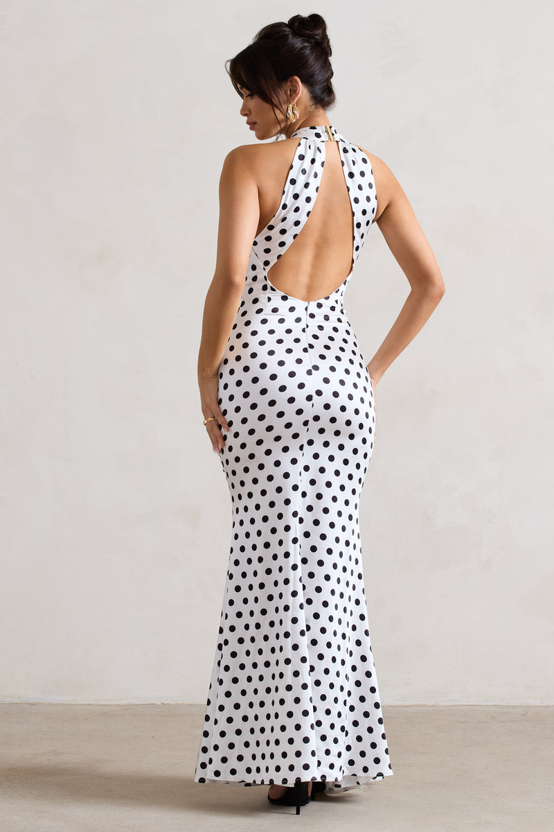 Unstoppable White Polka Dot Satin Cross Over Halter Neck Maxi Dress