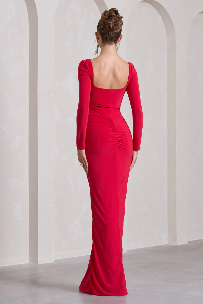 Risha Red Plunge-Neck Long-Sleeve Drape Maxi Dress – Club L London