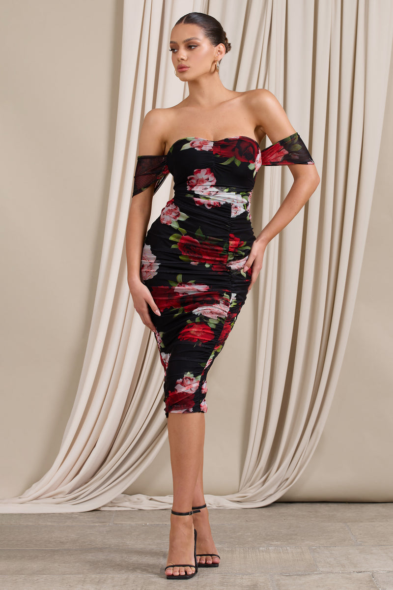 Gracious | Black Floral Print Bardot Ruched Mesh Bodycon Midi Dress