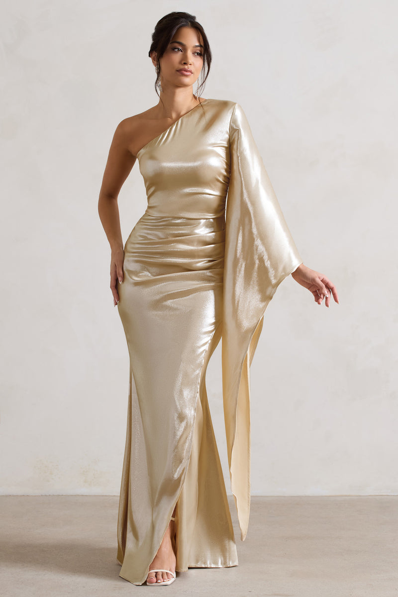 Bex | Champagne One Shoulder Cape Maxi Dress with Ruched Waist and Thigh Split
