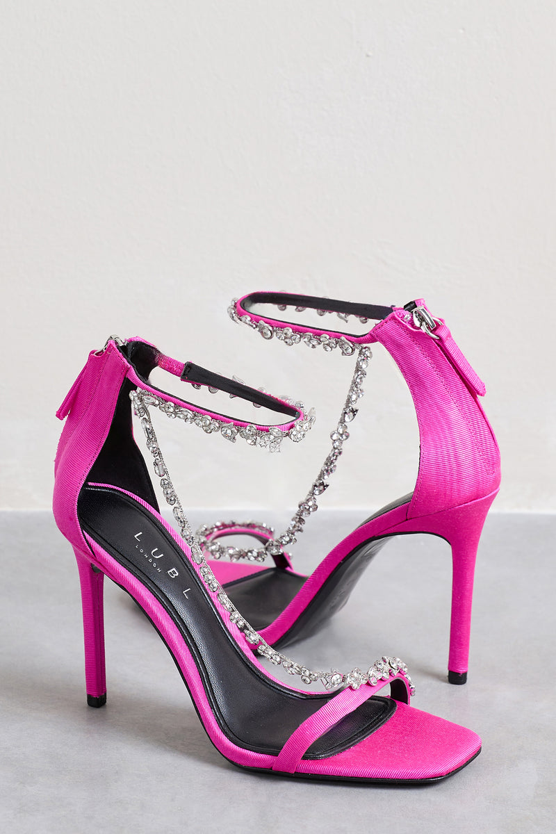 Oh Please Pink Strappy Heeled Sandals With Diamante Chains – Club