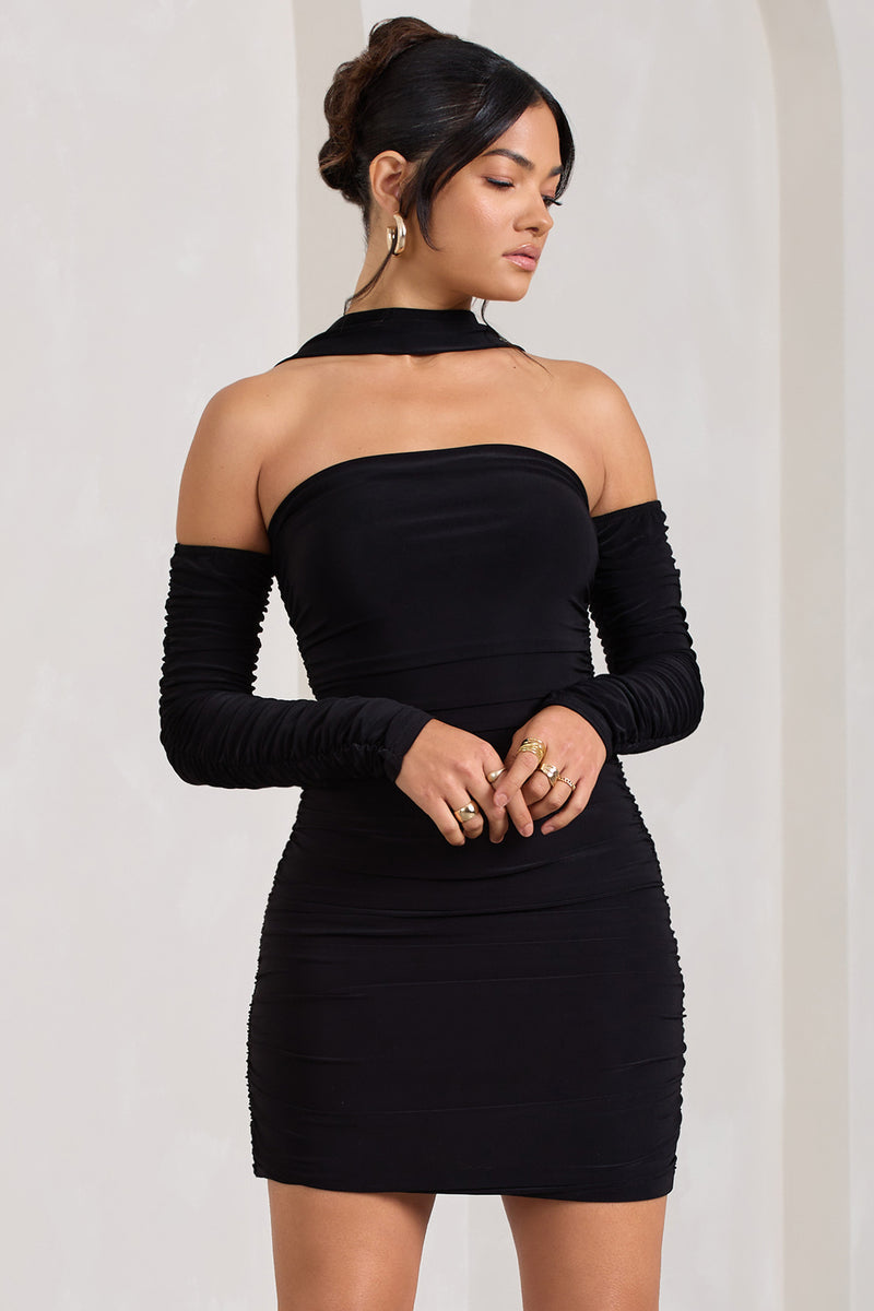 Thea | Black Ruched Long-Sleeved Bodycon Mini Dress With Halter Collar