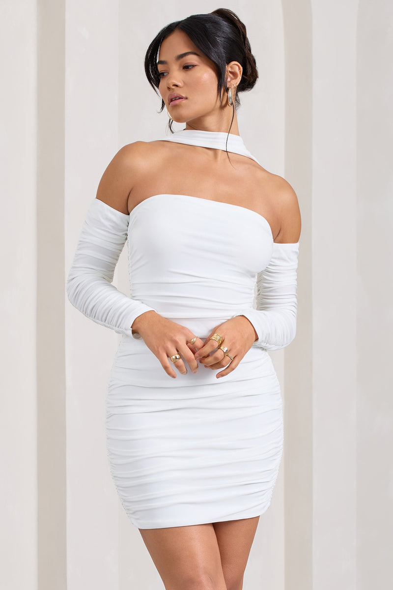 Thea | White Ruched Long-Sleeved Bodycon Mini Dress With Halter Collar