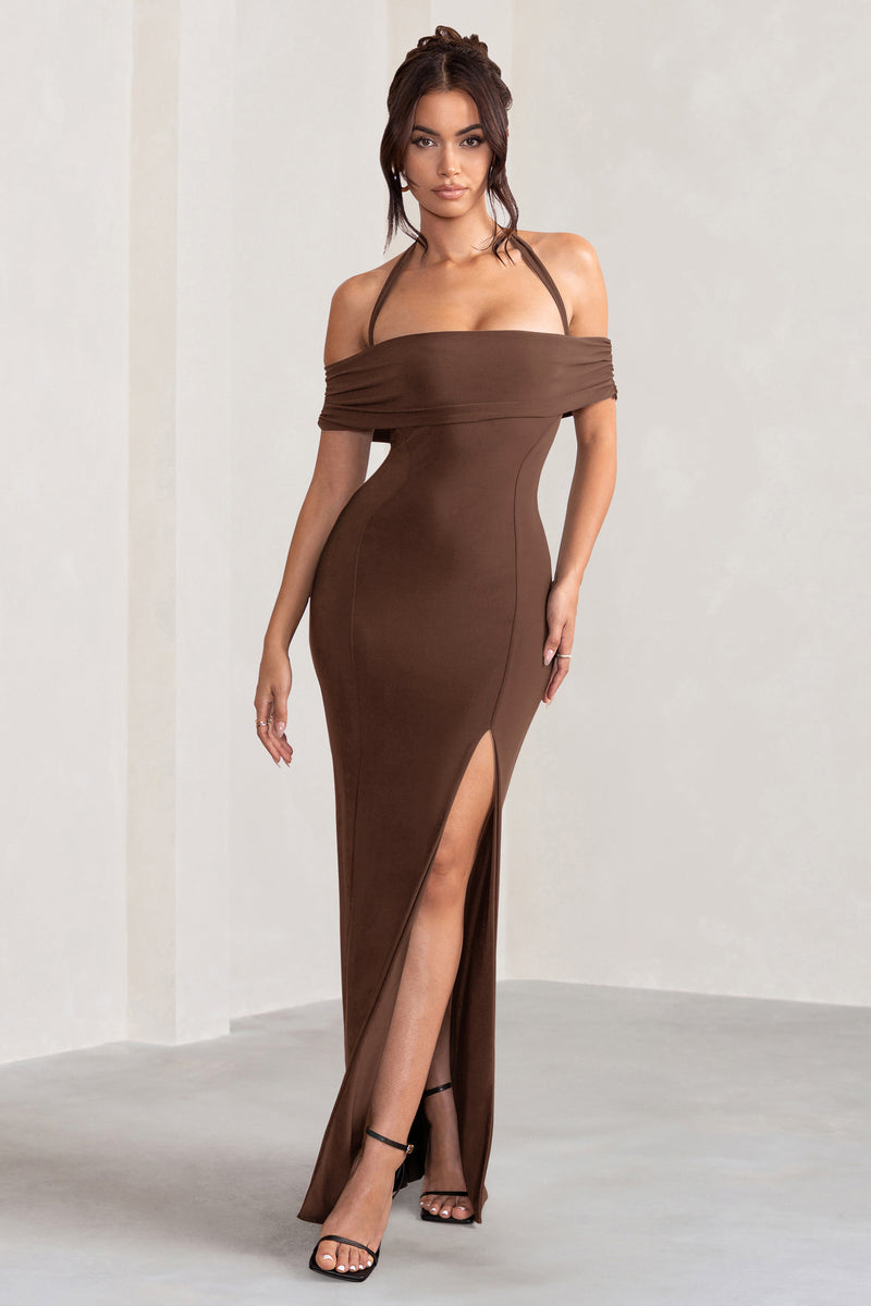 Anisa | Chocolate Brown Layered Halter Neck Bardot Maxi Dress With Thigh Split