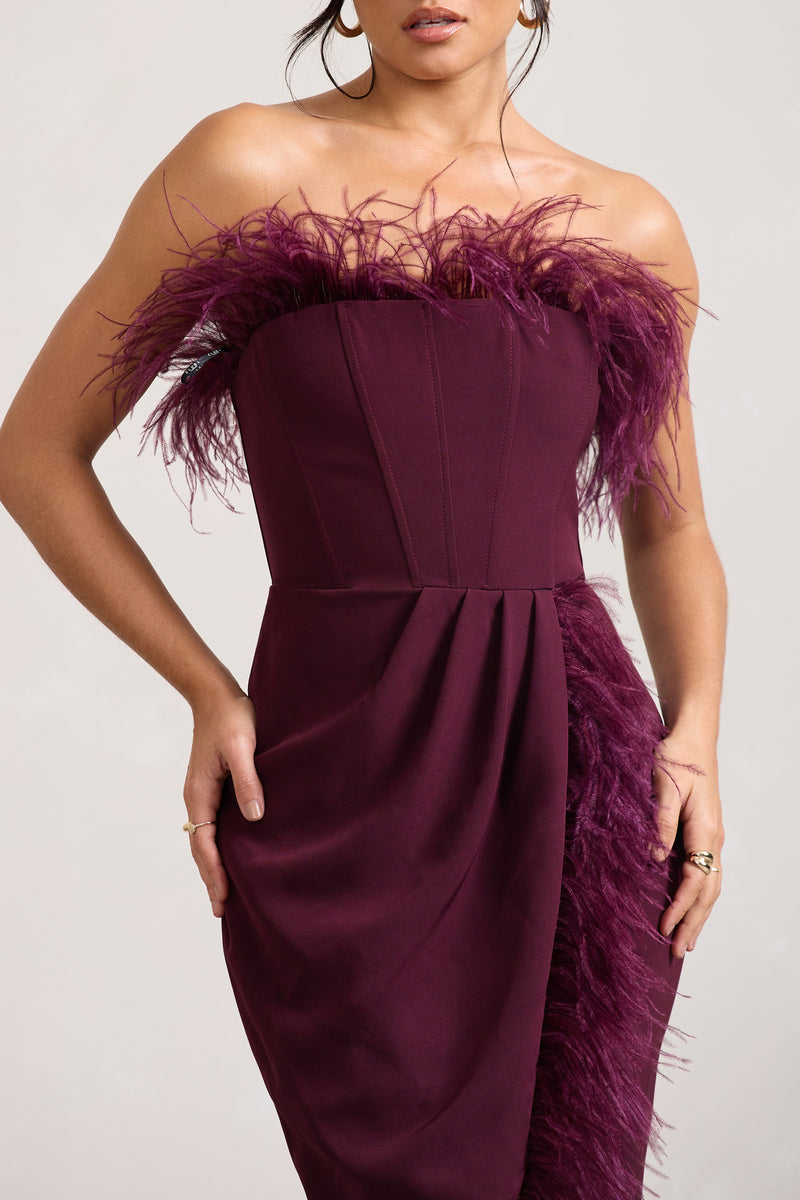 Cosmo Burgundy Bandeau Feather Corset Split Maxi Dress – Club