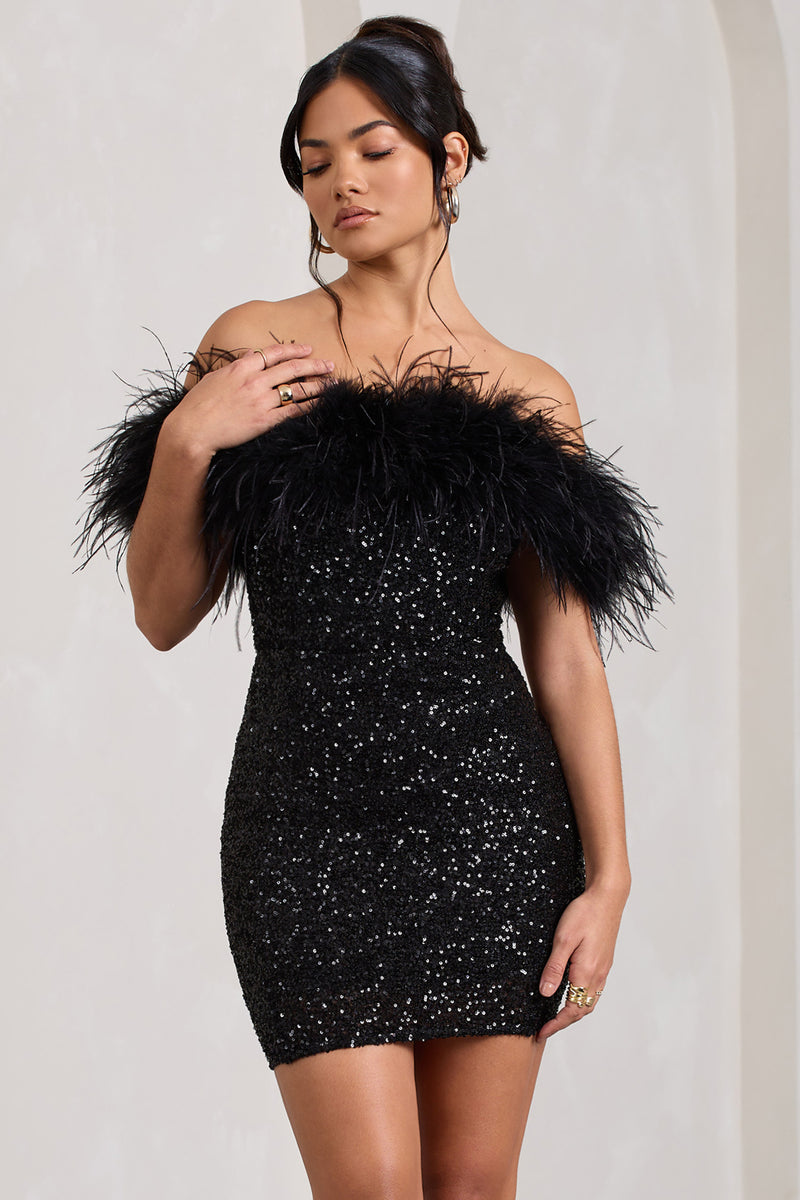 Club L London Flashy | Petite Black Sequin Mini Dress with Feather Bardot US 8 / Black