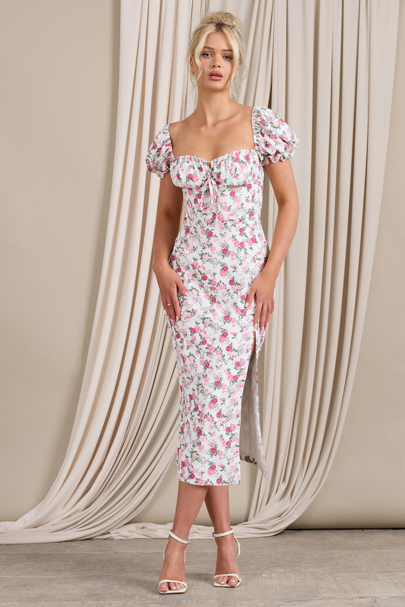 Two Scoops | Pink Floral Puff-Sleeved Corset Split Midi Dress