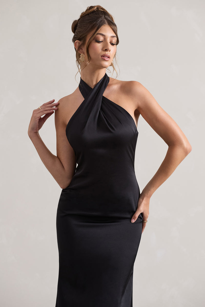 Halter Neck Dress With Scarf Roma Black One-Shoulder Scarf Silk Dress SILKROSE Halter Neck Dress With Scarf Roma Black One-Shoulder Scarf Silk Dress SILKROSE