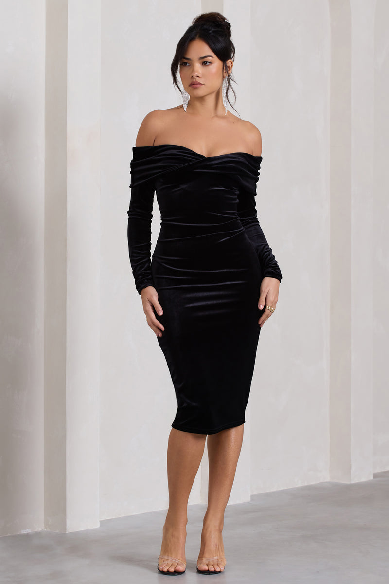 Compliment | Black Velvet Bardot Midi Dress