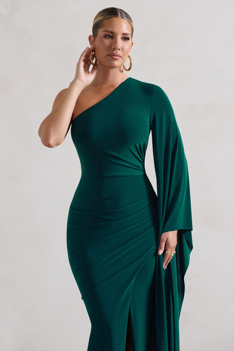 giada-bottle-green-ruched-one-shoulder-cape-sleeve-maxi-dress-club-l