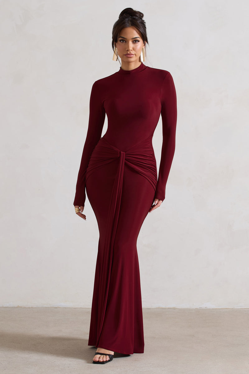 Pietra | Berry High-Neck Long Sleeve Knot Maxi Dress