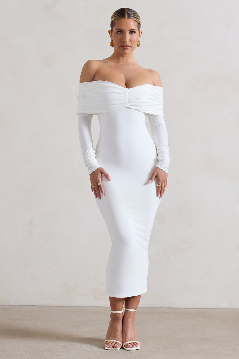 Marcella | White Bodycon Bardot Midi Dress