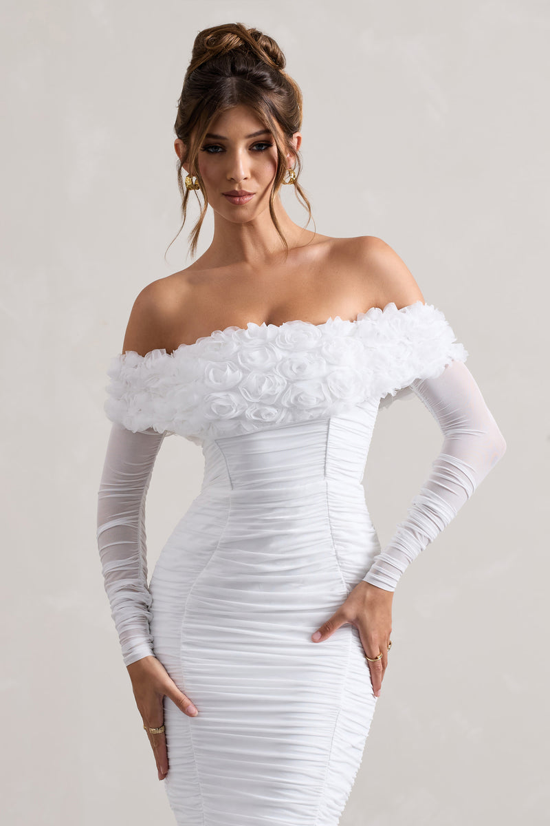 White Textured Bardot Maxi Dress Dresses PrettyLittleThing USA