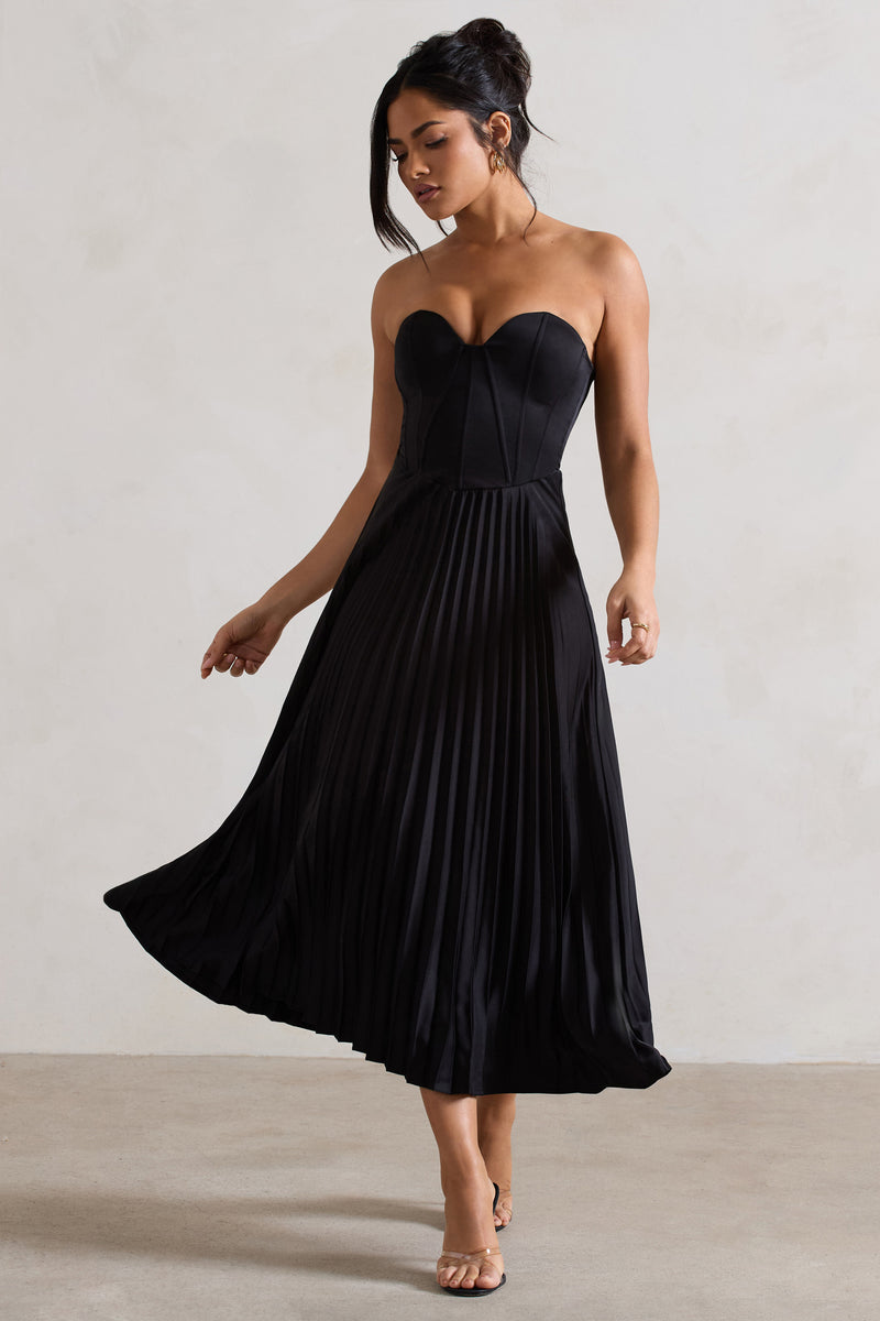 Bordeaux | Black Satin Corset Style Midi Dress