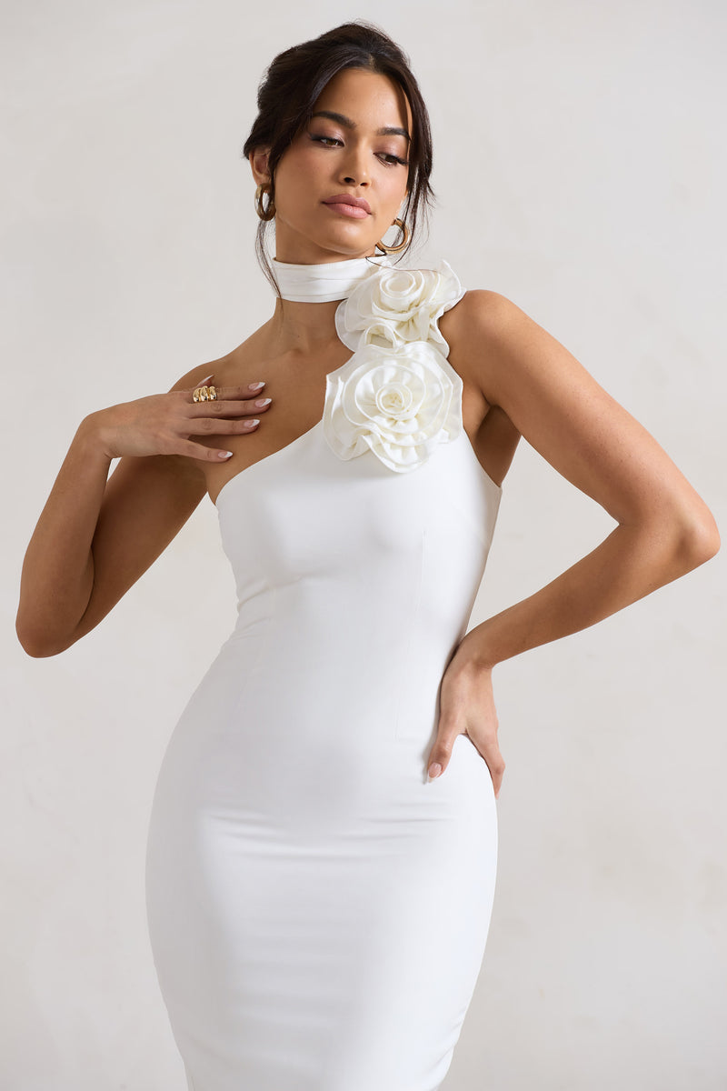 Soiree Style White Sleeveless Bustier Bodycon Midi Dress