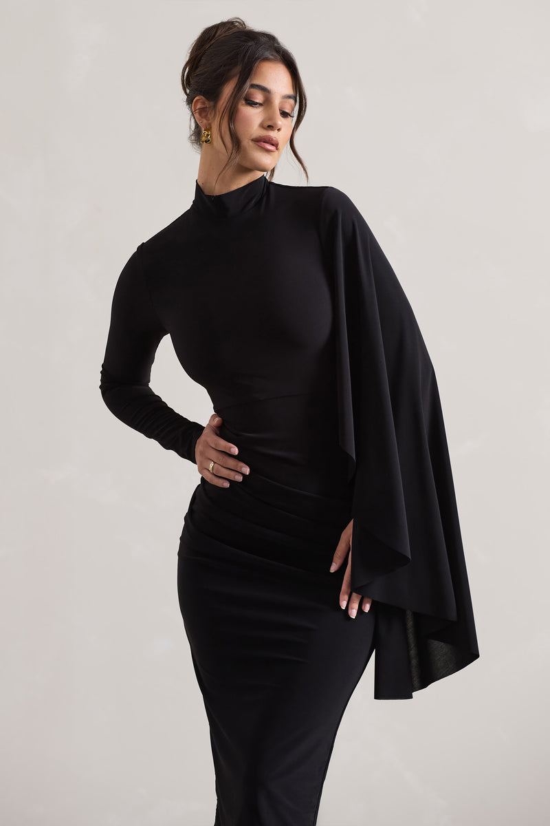 tamika-black-high-neck-cape-sleeve-midi-dress-with-feathers-club-l