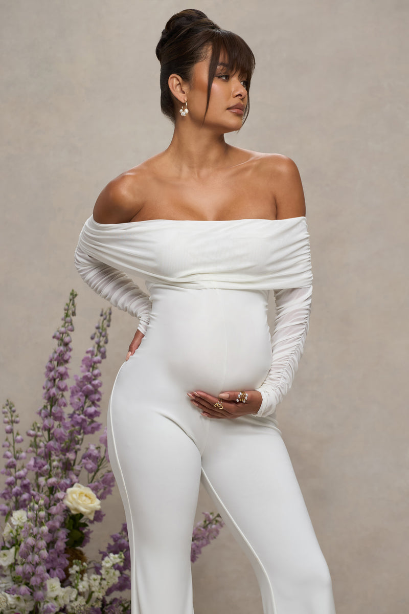 Count Down White Maternity Ruched Mesh Bardot Jumpsuit – Club L