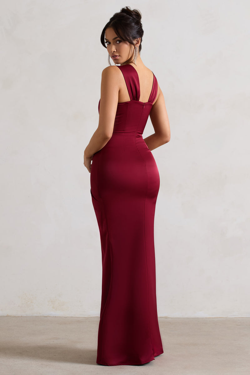 A Romantic Berry Satin Corset Wrap Maxi Dress – Club L London - Uk