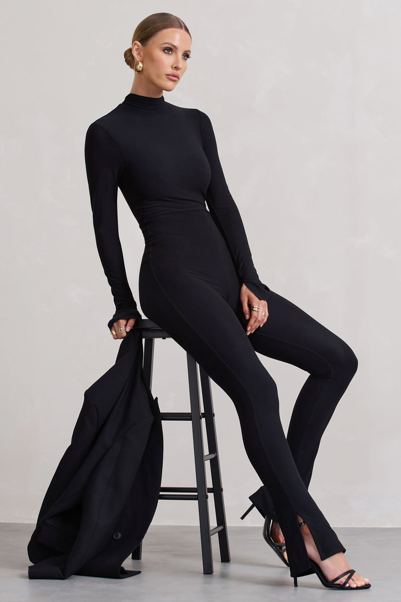Elevated | Black High-Neck Slim-Leg Jumpsuit With Long Sleeves