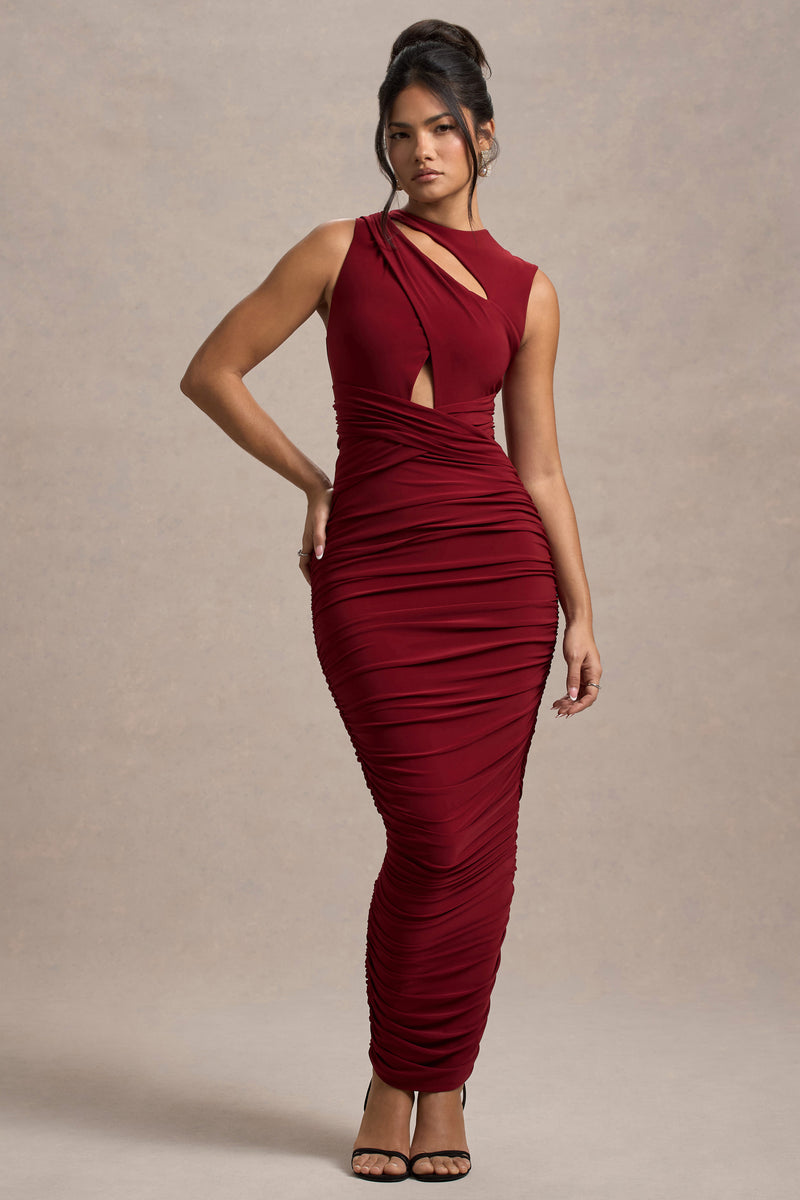 Aire Wine Cut-Out Ruched Maxi Dress – Club L London